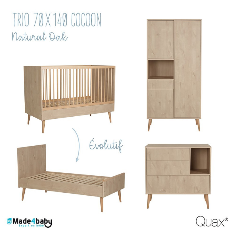 Trio chambre Cocoon avec lit 70x140 QUAX Natural Oak