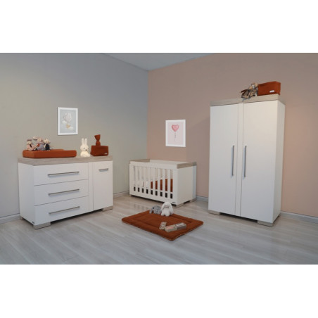 Chambre trio lit bébé 60x120 cm + commode 3 tiroirs + armoire Access bois  blanc + plan à langer - Made in Bébé
