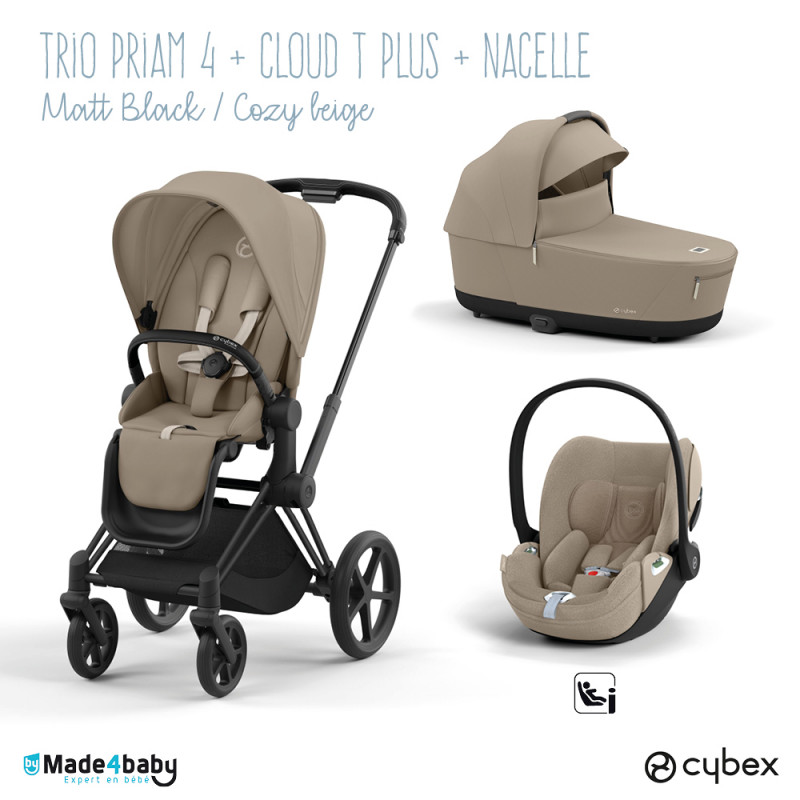 Trio poussette Priam 4 + Cloud T Plus i-Size + Nacelle CYBEX Chrome Black/Cozy Beige